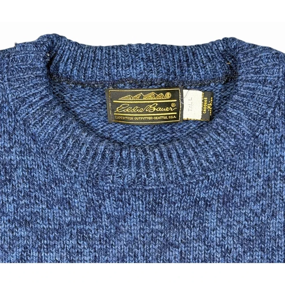 Vintage Eddie Bauer Wool Sweater Mens XL Tall Blue Made in USA Crewneck Kint